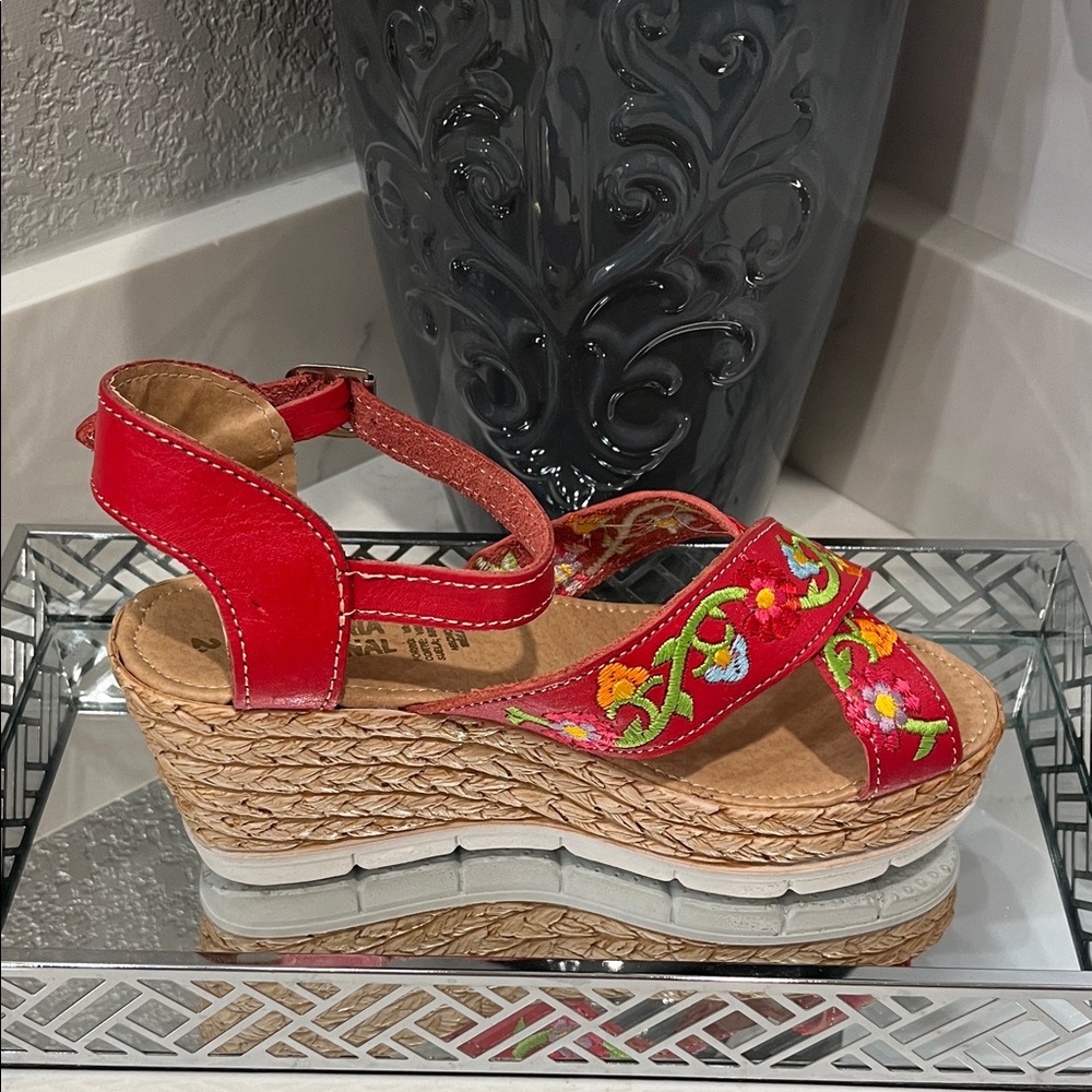 Red Floral Wedge Sandals